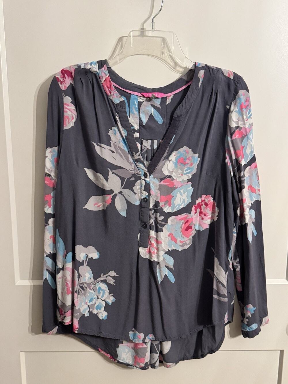 Joules Sz 10 Gray Pink Floral Print Casual Blouse Long Sleeve Pullover Top Boho